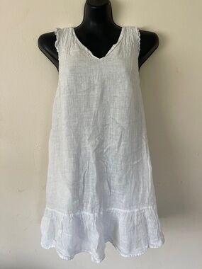 Jaeger White Linen V-Neck Ruffle-Hem Dress